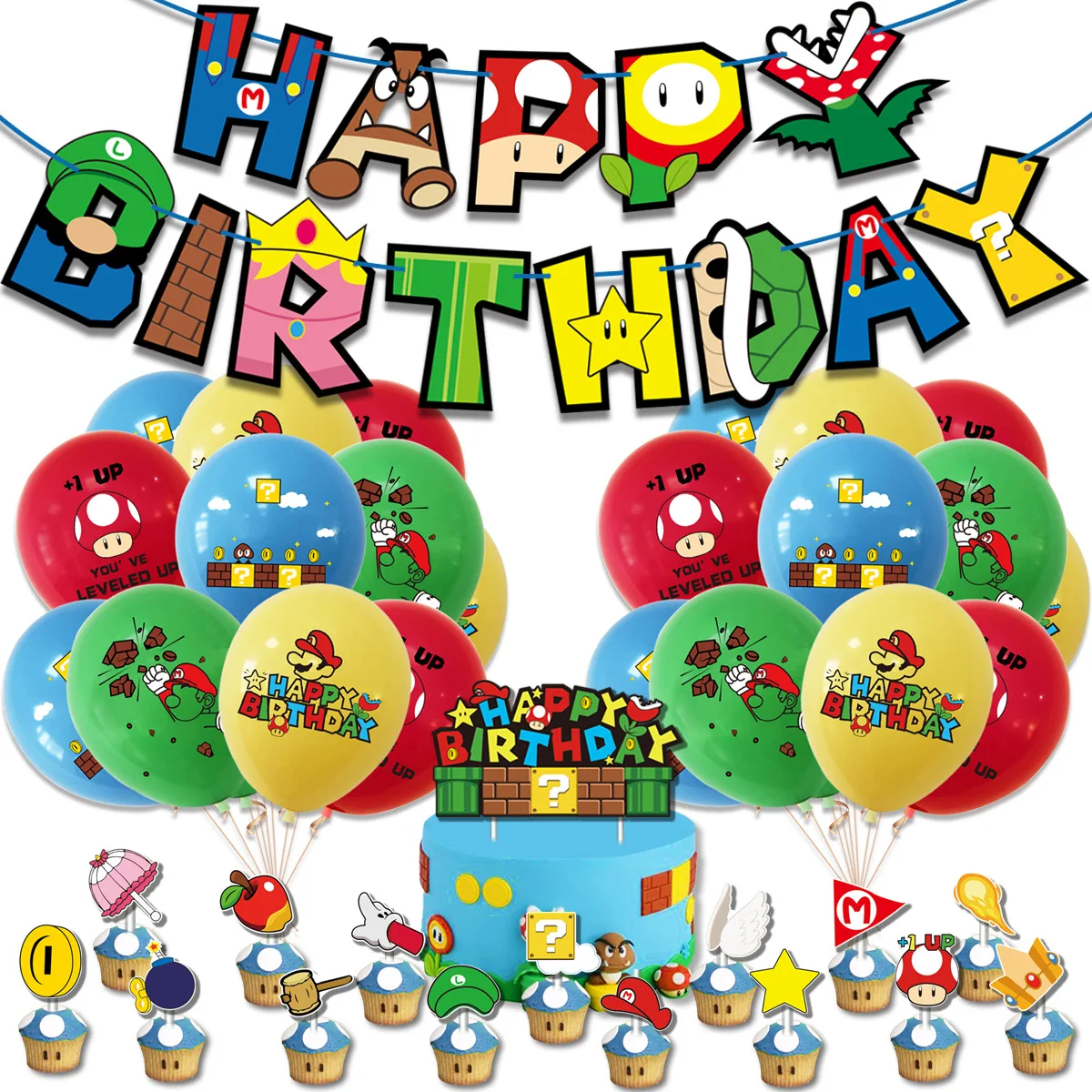 Super Mario Cartoon Birthday Party Supply, Banner descartável, Bolo Topper, Bandeira de suspensão, Balões Set, Decorações