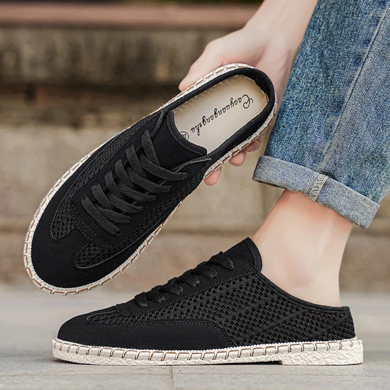 Slides Sandals Summer Backless Loafers Men's Perforated Mesh Mules, Breathable Outdoor Sports And Leisure Shoes Half Slippers