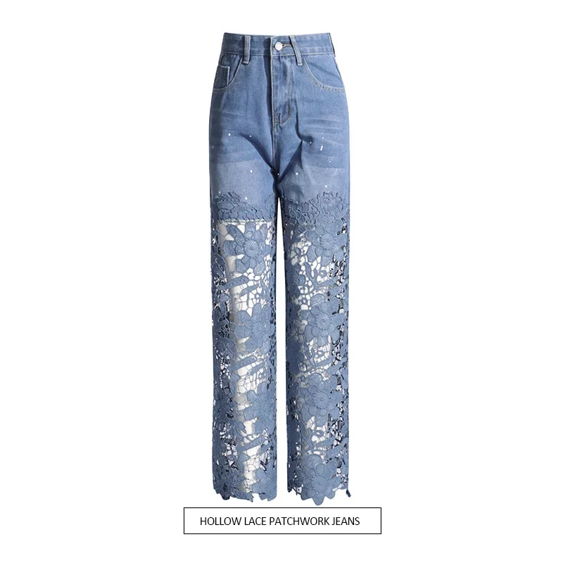 Fashionable and Versatile High Waist Straight Pants 2024 New Style Splicing Lace Design Commuter Style Jeans for Women