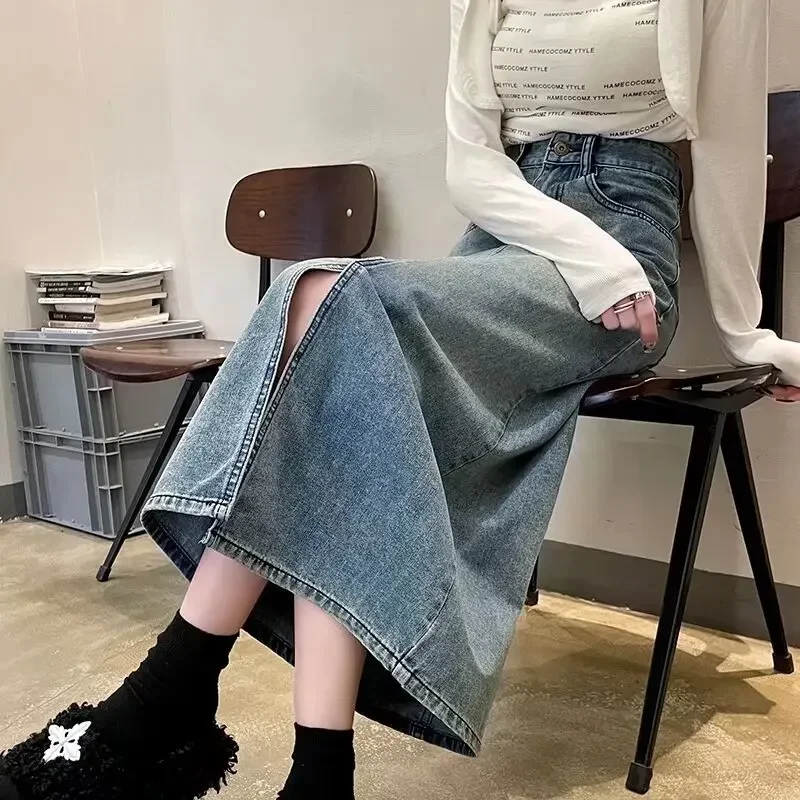 

Pop Fashionable High-waisted Slimming Denim Skirt For Women 2024 Spring/autumn New Style A- Line Bodycon Side Slit Skirt