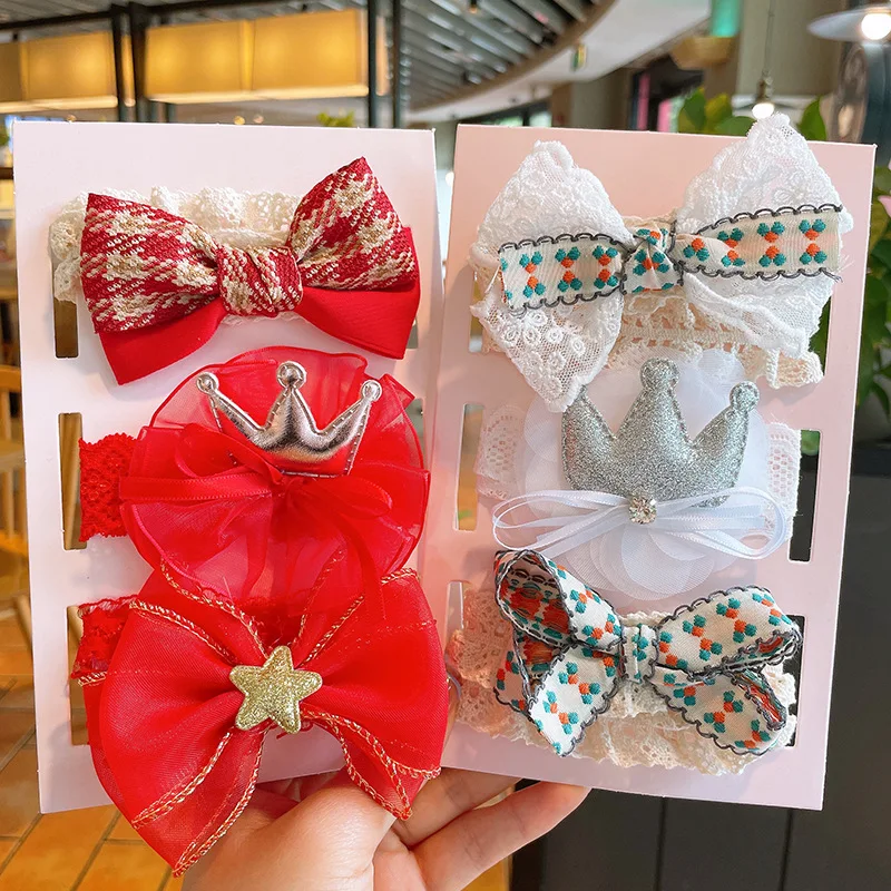 Cute Bow Crown Baby Hairband Set Red Princess Girl Hundred Day Photography Prop Lace Floral Kids Hair Accessories Sweet Headwear