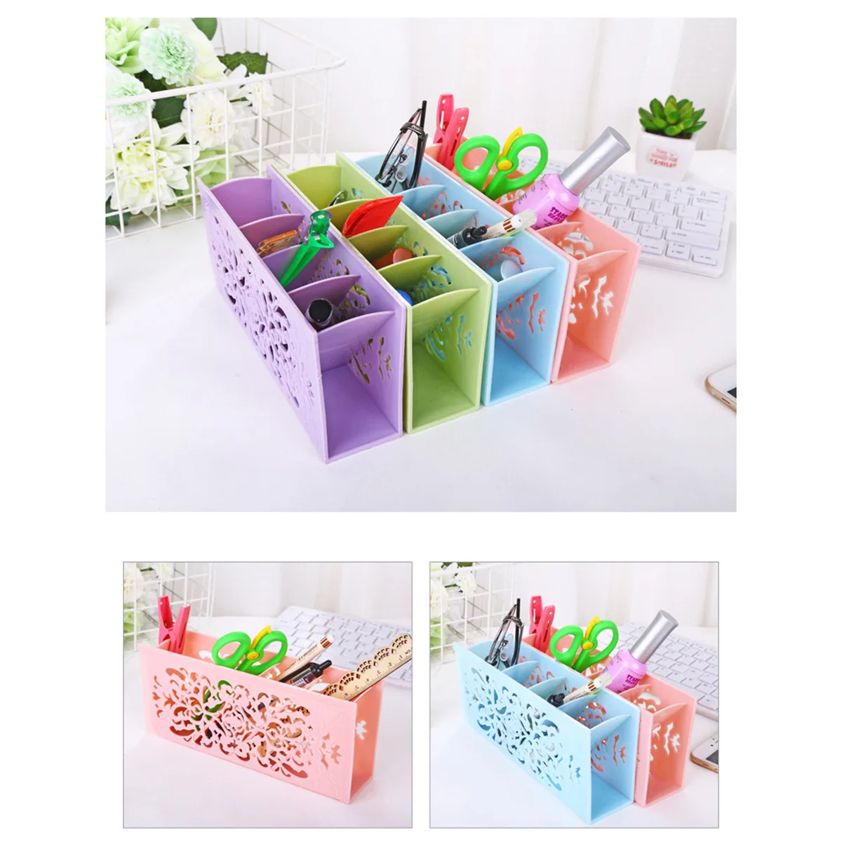 

Purple Hollow Table Storage Basket Shelf Plastic Desktop Organizer for Home Office Study Glasses Watch Stationery Storage