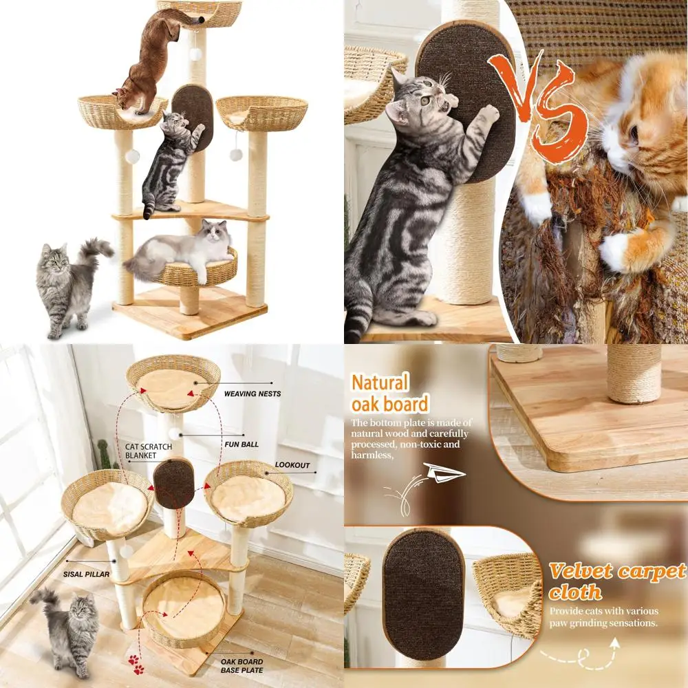 

Stylish Multi-Level Cat Tower with Scratching Posts and Woven Hideaway for Modern Indoor Cats