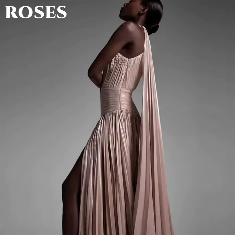 ROSES Blush Pink Formal Gown Round Neck Sleeveless Prom Dresses Beading On Chest Evening Dress Modern Style Customized