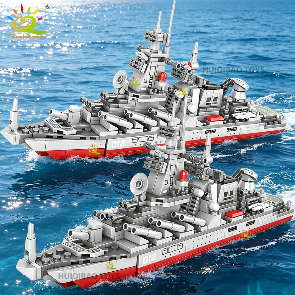 HUIQIBAO MOC Military Warships DIY Guided Missile Cruiser Ship Model Building Blocks Set For Weapons Army Boat Toys Adult Gift ﻿