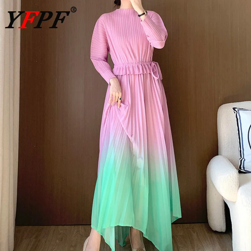

YFPF Gradient Women Pleated Long Dress Fashion Lace-up Gathered Waist A Line Party Elegant Long Dresses 2025 New Clothing 3A248