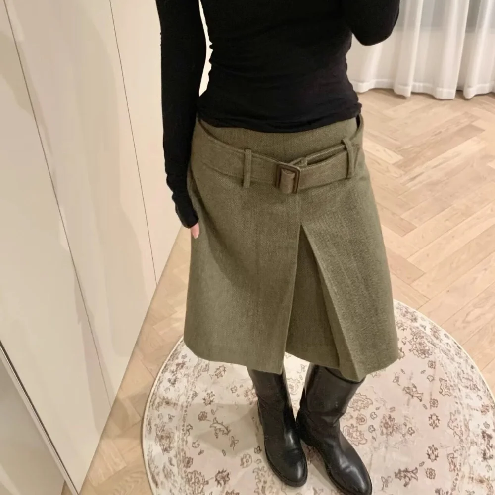 Women Midi A‑Line Skirt With Belt Square Buckle Front Split Faux Two‑Piece Pleated Mid‑Length Skirt Office Commuter Skirt