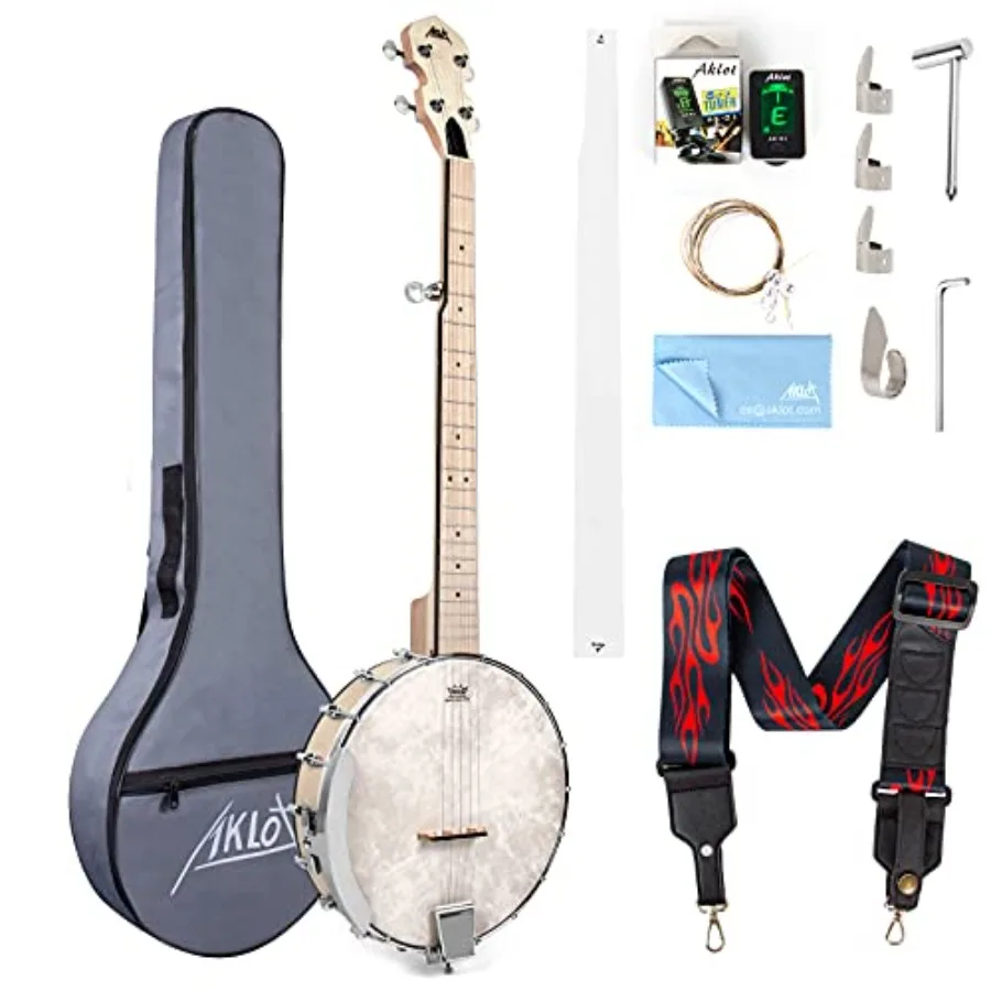 5 Strg Banjos Full Size Open Back Banjo Adjustable Maple Body Remo Head with 2 Tung Wrench, 4 Picks, Strgs, Tuner, Strap Ruler,
