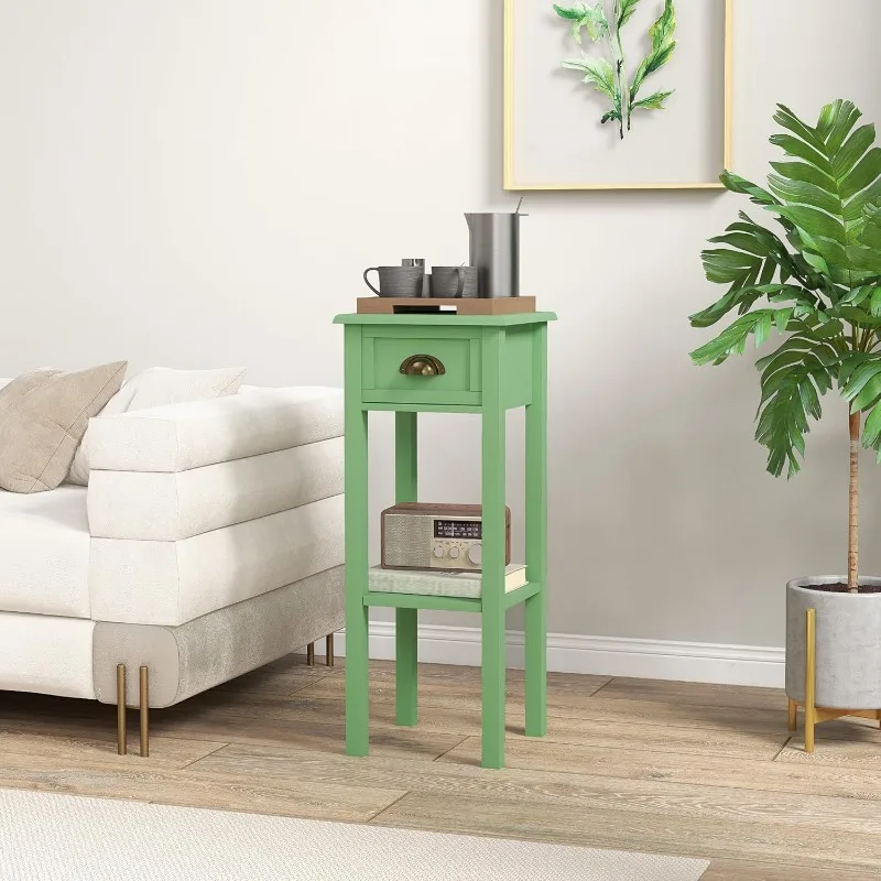 2-Tier Side Table with Drawer, Narrow End Table with Bottom Shelf, for Living Room, Set of 1, Green