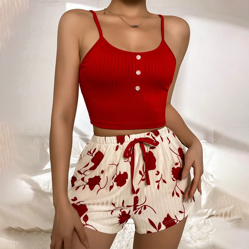 Women\'s Summer Short Sleeveless Groove Knitted Camisole Top and Printed Shorts Women\'s Two-Piece Pajama Set