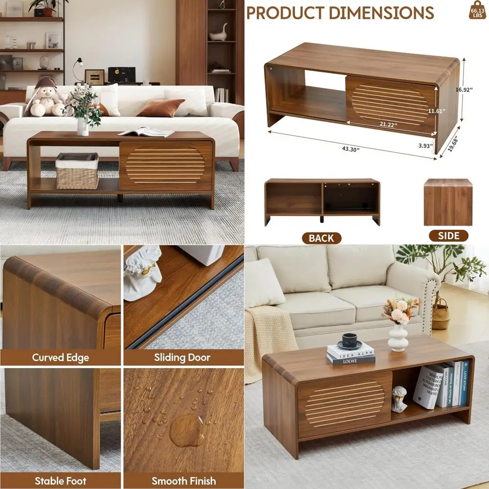طاولة قهوة حديثة للتخزين في منتصف القرن مع باب منزلق، تصميم خشبي منحني، قطعة مركزية على طراز المزرعة #1