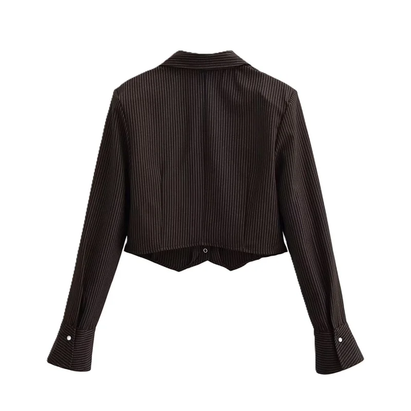 Women's Shirt 2025 Winter New Style Red-Brown Striped Long-Sleeve Short Shirt Jacket with Shoulder Pads Trendy and Fashionable - Image 2