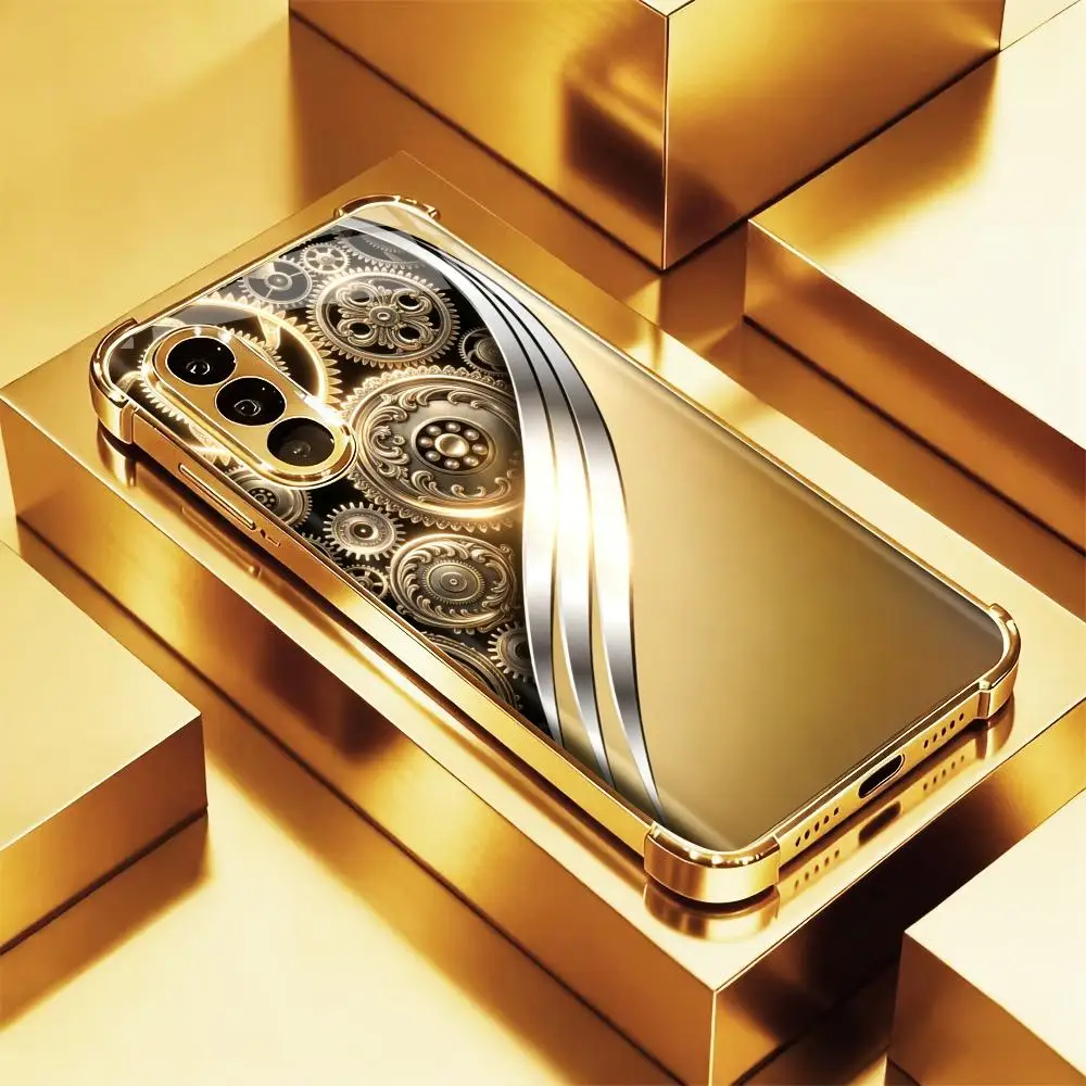 Ornate Vintage Golden Gear phone case s26 ultra case 폰케이스 quad lock glass for Samsung Galaxy S26 S25 S24 S23 S22 FE,Ultra,Plus