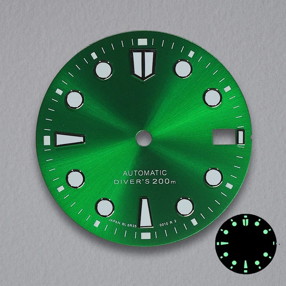 Esfera con logotipo S de 28,5mm adecuada para movimiento automático japonés NH35/NH36, accesorios de modificación de reloj luminosos verdes de alta calidad