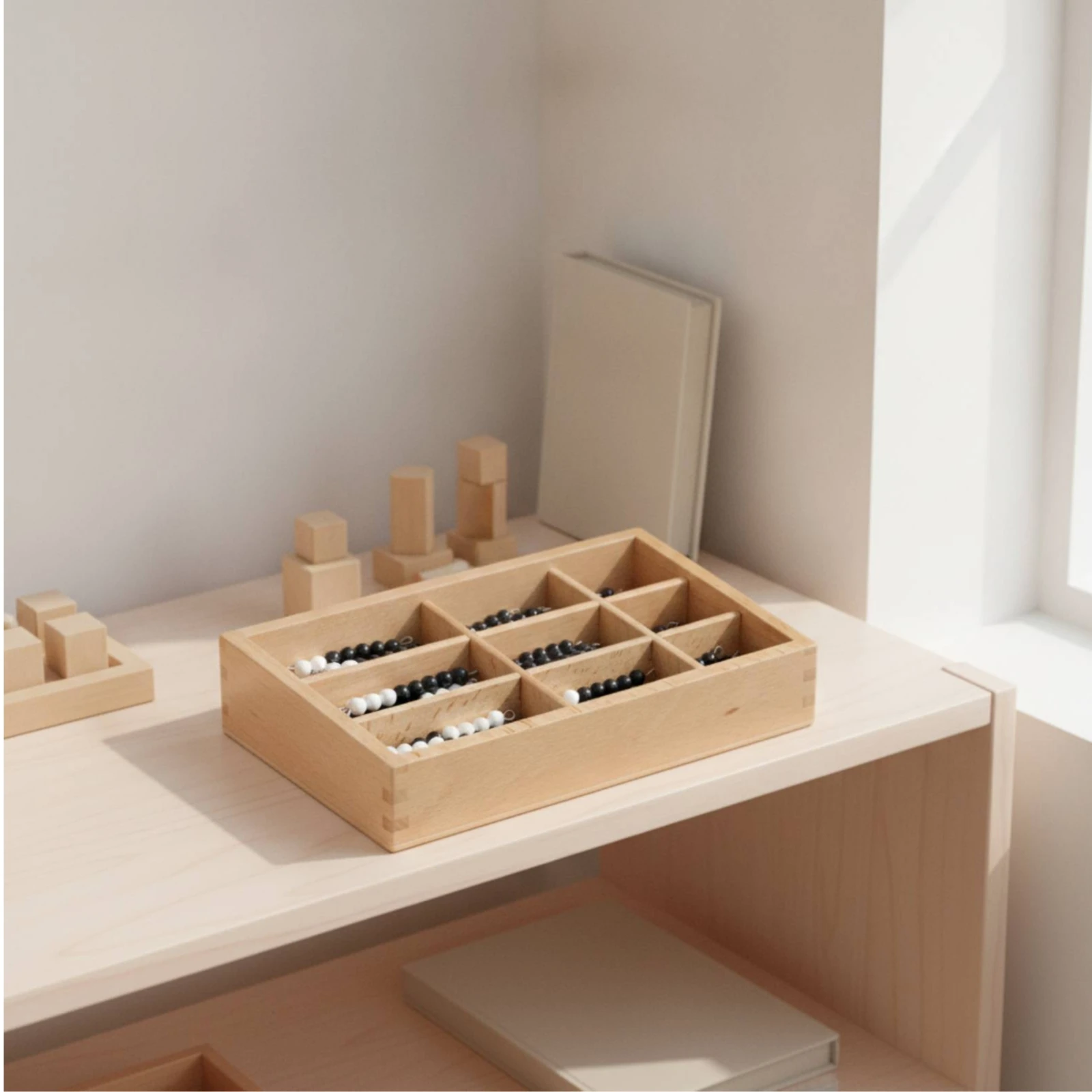 Early-Learning Bead-Rod Box Homeschool Use Wooden Bead-Rod Storage Box with Compartments Interactive Sturdy for Preschoolers