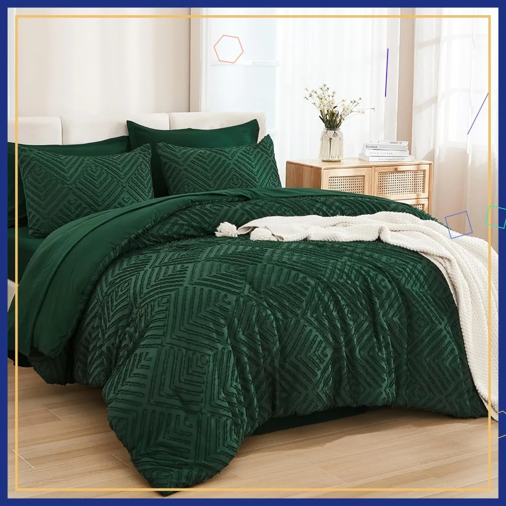 

Queen Comforter Set 7 Piece Dark Emerald Green - Bed in a Bag Boho Lightweight Fluffy Tufted Bedding with Sheets & Pillowcases