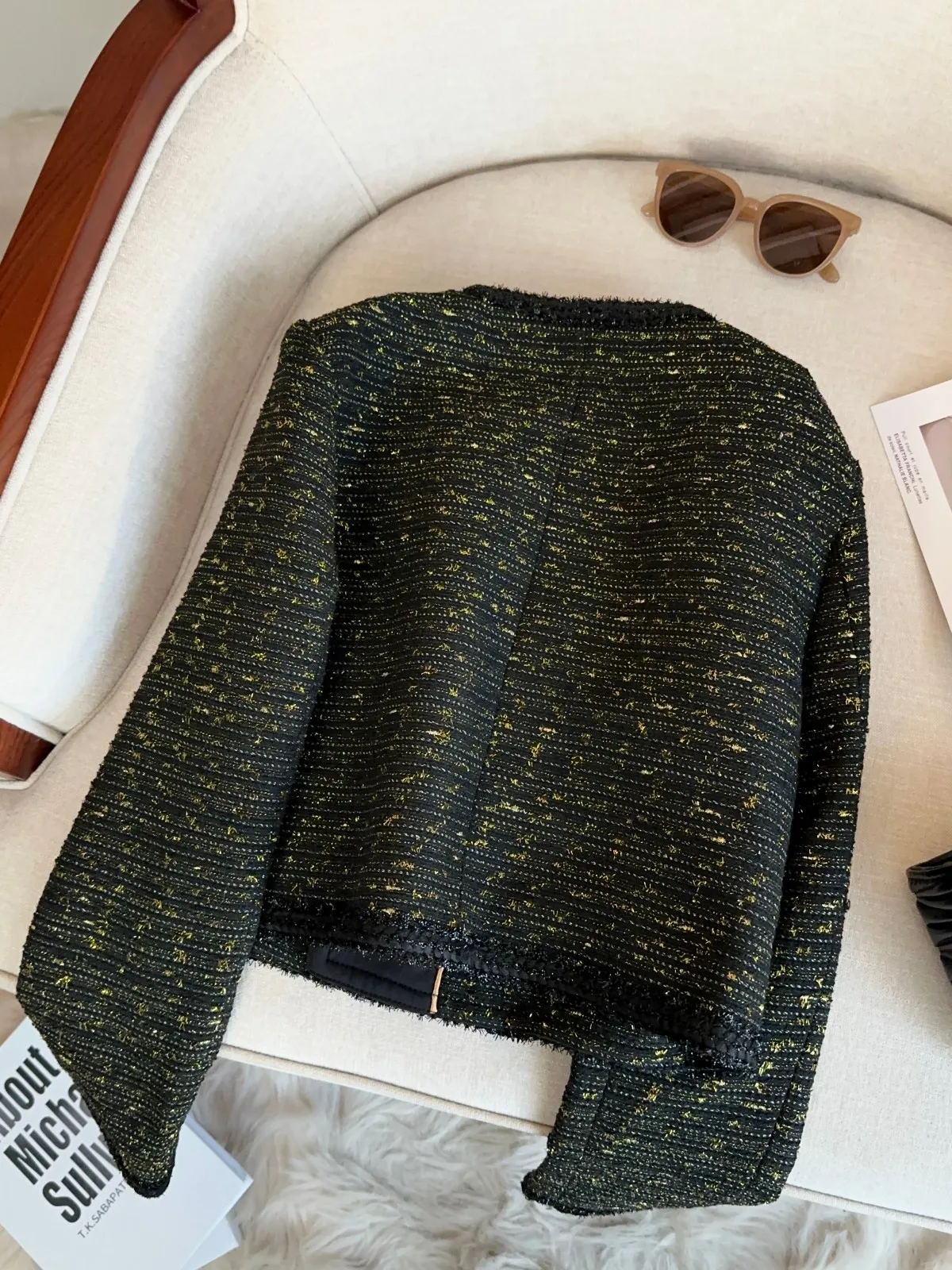   Bla Gold Tweed jas 2024 Herfst Winter Nieuwe grove wollen jas met glanzende zijden top A75060 Commute Sle rechte snit