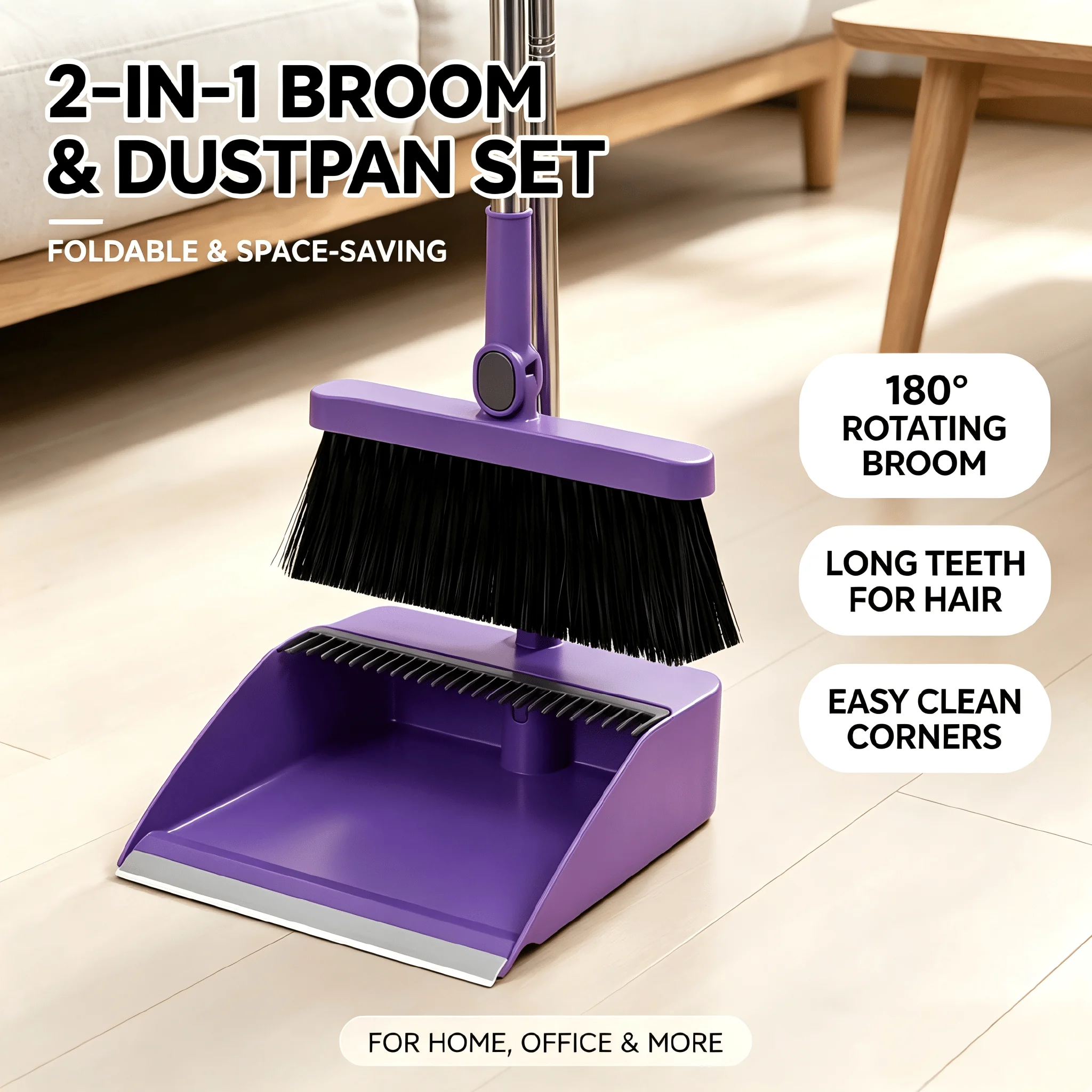 Purple 2-In-1 Broom And Dustpan Set, Non-Sticky Hair Long Handle Cleaning Tool, Rotatable Foldable Flexible Structure, Easy To Store And Space Saving, Perfect For Living Room, Bedroom, Bathroom, Indoor Outdoor Household Daily Cleaning Use