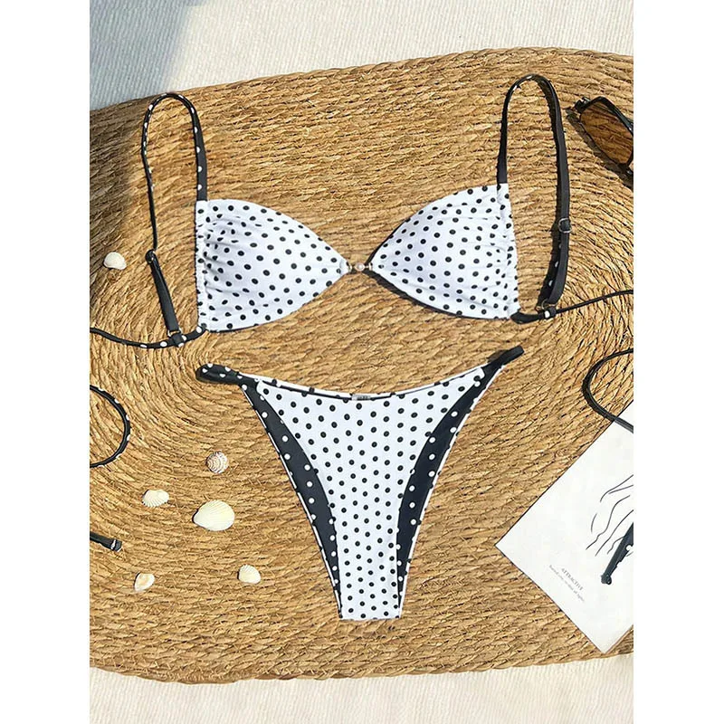 Sexy polka dot print branco micro biquínis define duas peças volta gravata contas maiôs conjunto de biquíni biquini tankini