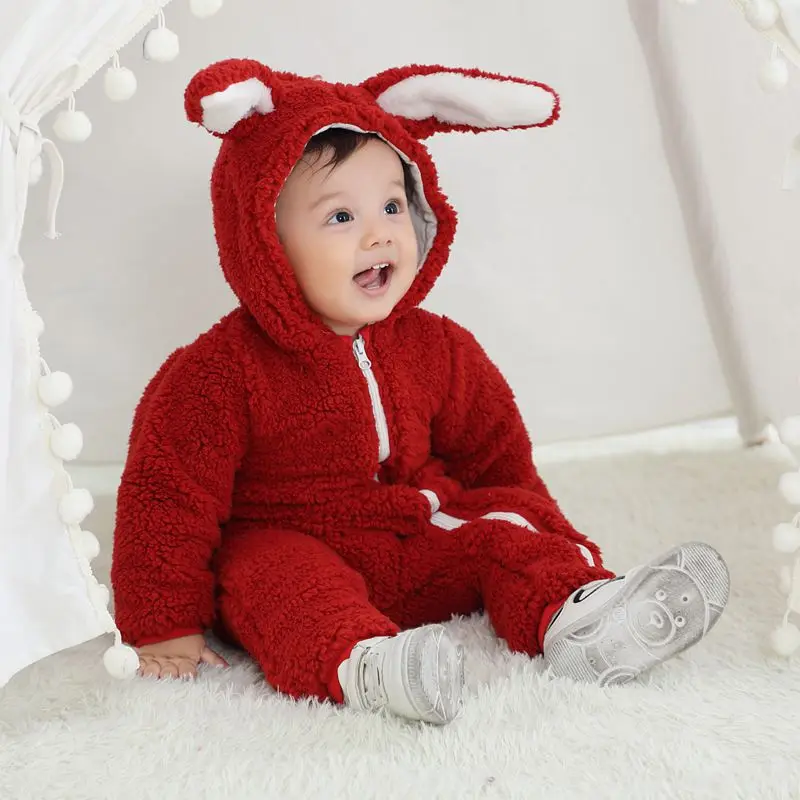 Autumn Winter Newborn Boys Jumpsuit Dig Ears Hooded Solid Plus Velvet Thick Warm Baby Girl Rompers Infant Boys Parkas Outfits