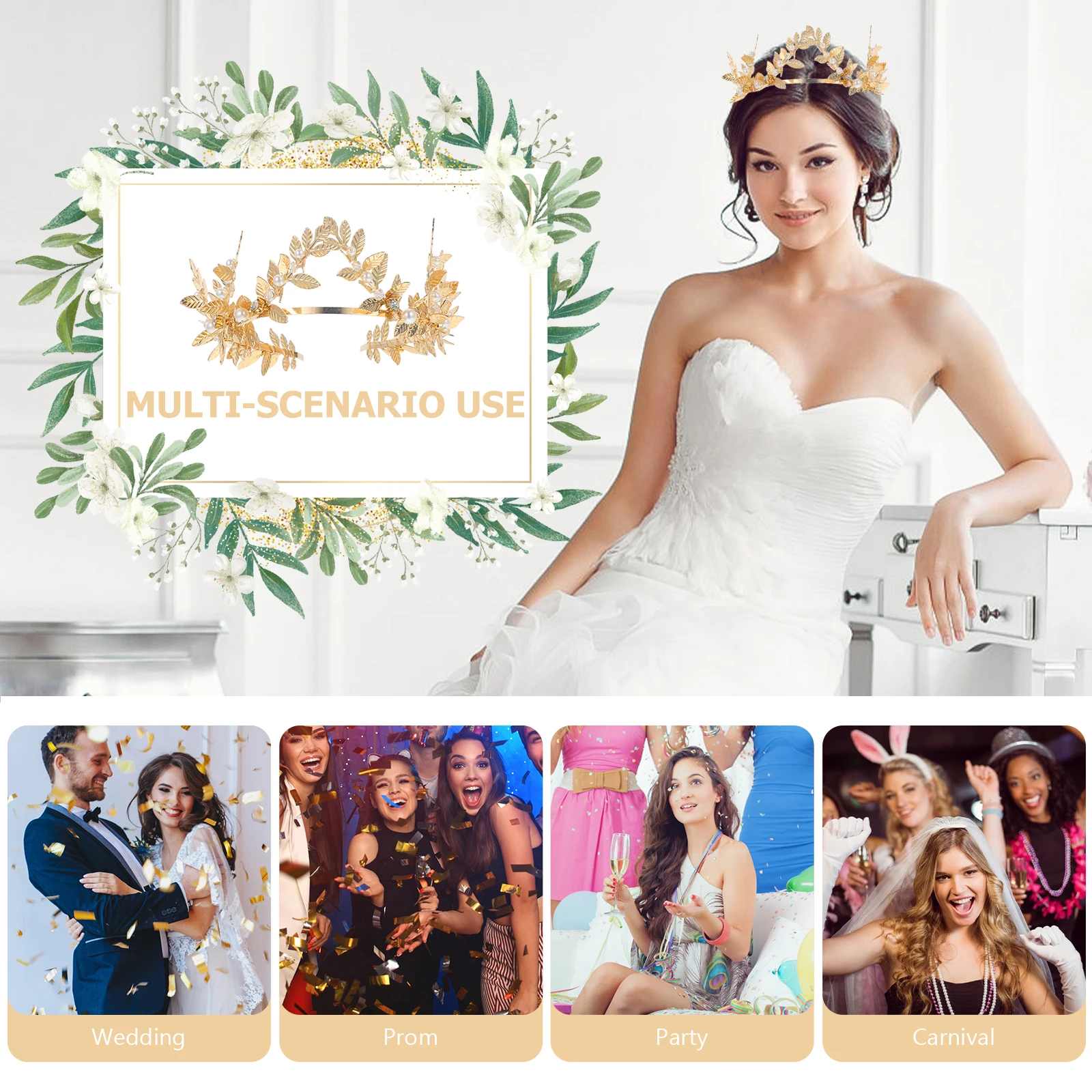 

Crown Bridal Tiara Stereoscopic Leaf Headband DIY Pearl Wedding Rhinestone Golden Miss