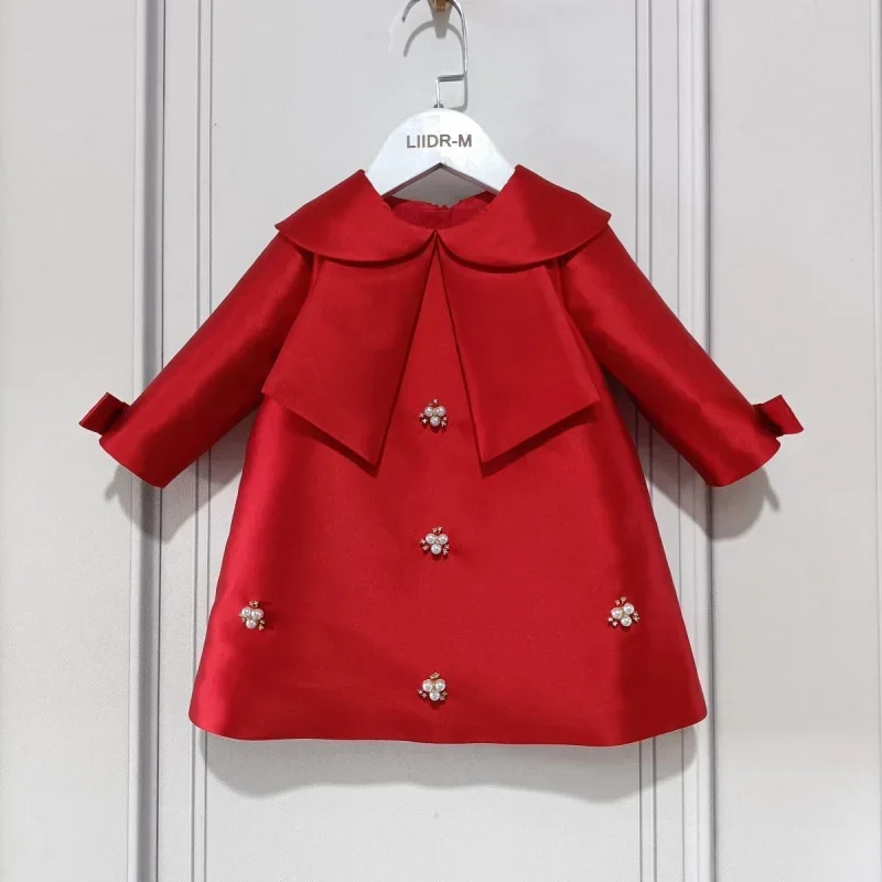 

Girls Long-Sleeved Red Princess Dresses Handmade Pearl Diamond Dress Party Brithday Wedding Childrer's Clothes Costume Vestidos