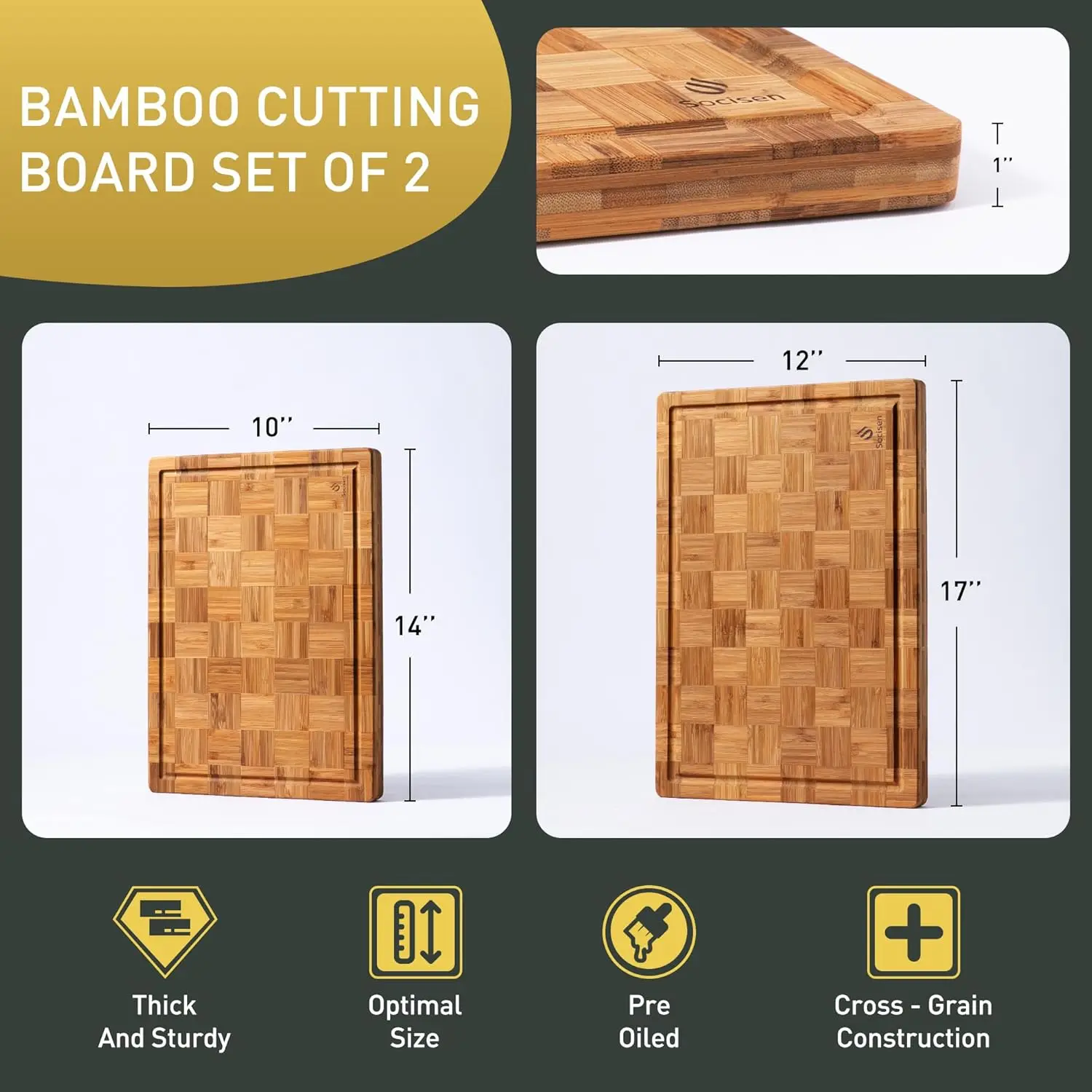 2-Pack Bamboo Cutting Boards Set, Non-Slip Thick Wood Chopping Board for Kitchen, Housewarming Gift