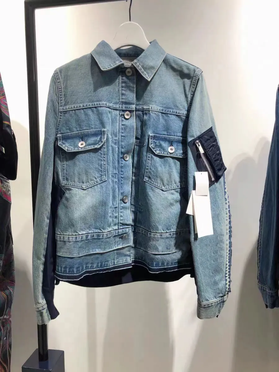 

FOG SACAI SS24 Casual Sle Long Sve Denim Jaet Contrast Splicing Leisure Cotton Polyester Blend Commute Sle Outerwear