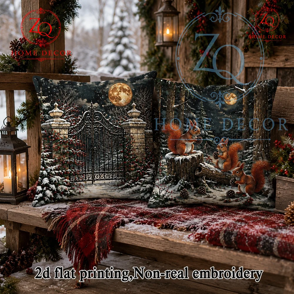 Vintage Winter Night Iron Gate Throw Pillow Cover Snowy Moonlit est Scene Cushion Case  Rustic Farmhouse Home Holiday Decor