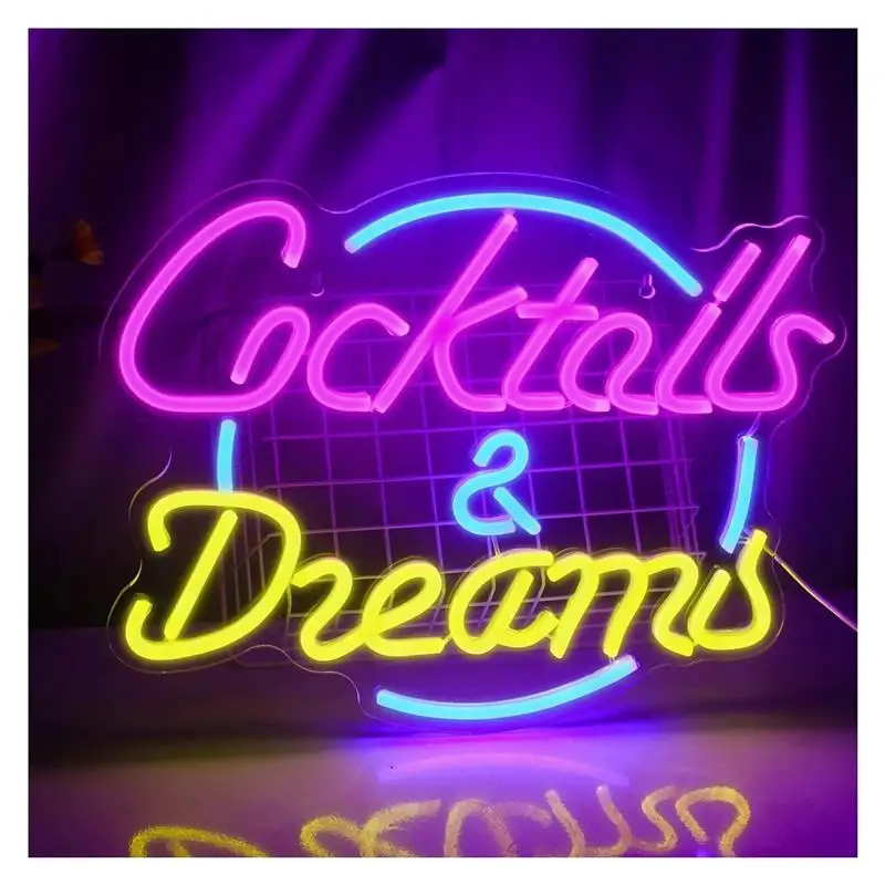 "Cocktail & Dreams" Neon Sign USB Dimmable for Gameroom Bedroom Bar Livingroom Birthday Party Wall Decor 15.4x11.8in