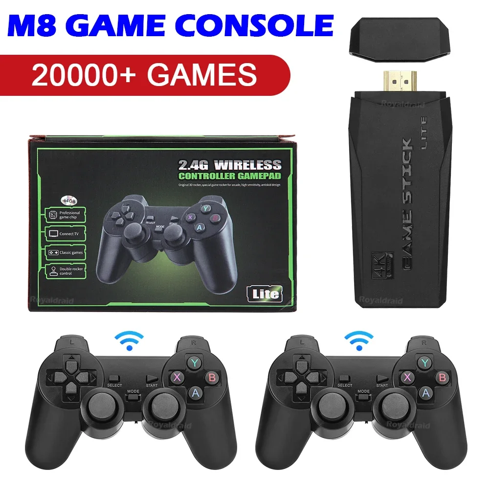 비디오 게임 스틱 라이트 4K HD 비디오 게임 M8 콘솔 64GB 듀얼 무선 컨트롤러 20000개 레트로 게임 콘솔 어린이 크리스마스 선물