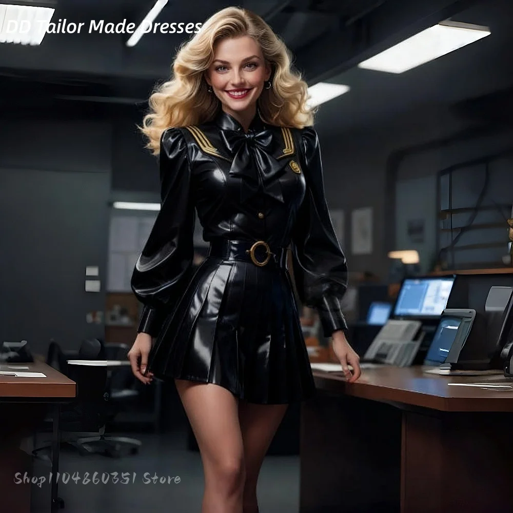 فستان حفلة موسيقية قصير من جلد البولي يوريثان اللامع بطيات على شكل حرف a كلاسيكي للمناسبات الخاصة وأكمام طويلة زي تنكري للسهرة حسب الطلب #1