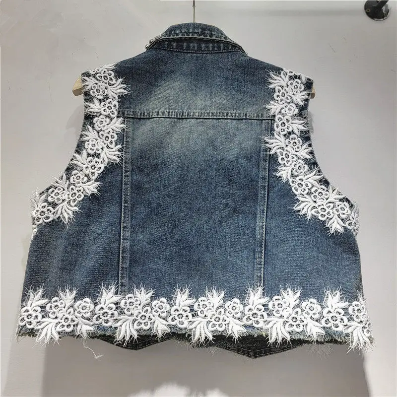 Heavy Work Diamond Lace Embroidery Flower Butterfly Dark Blue Short Denim Vest Spring Casual Lapel Sleeveless Cowboy Waistcoat
