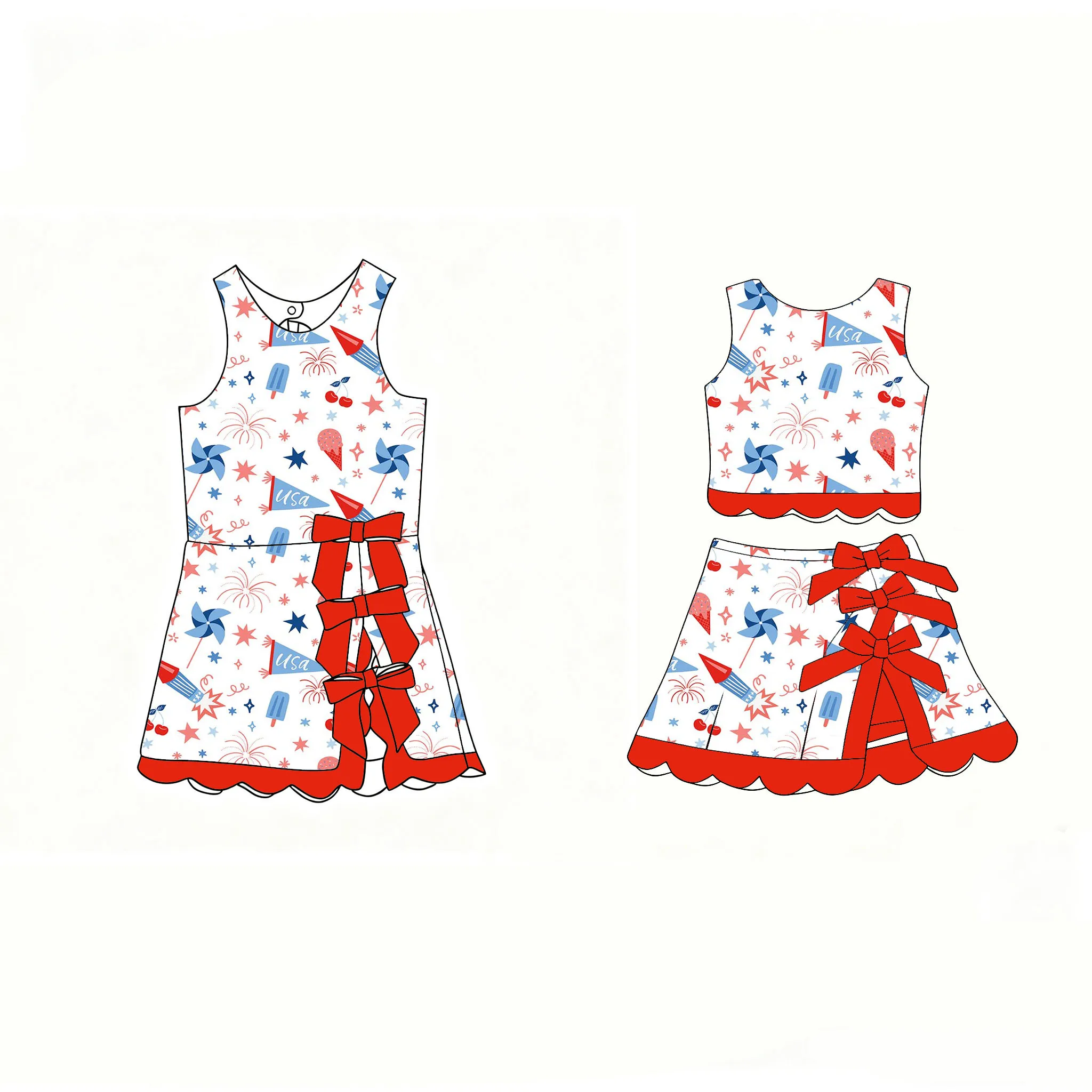 Toddler Patriotic Clothing Set Red White Blue Star Bow Sleeveless Top Skirt Kids Independence Day Outfit