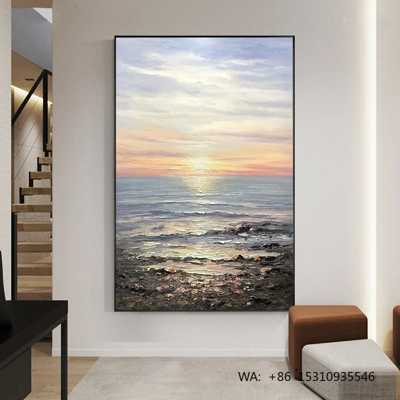 Modern Simple Rectangle Vertical Scenery Hand Drawn Porcelain Tile Aluminum Alloy LED Light Entrance Decoration Painting Mural