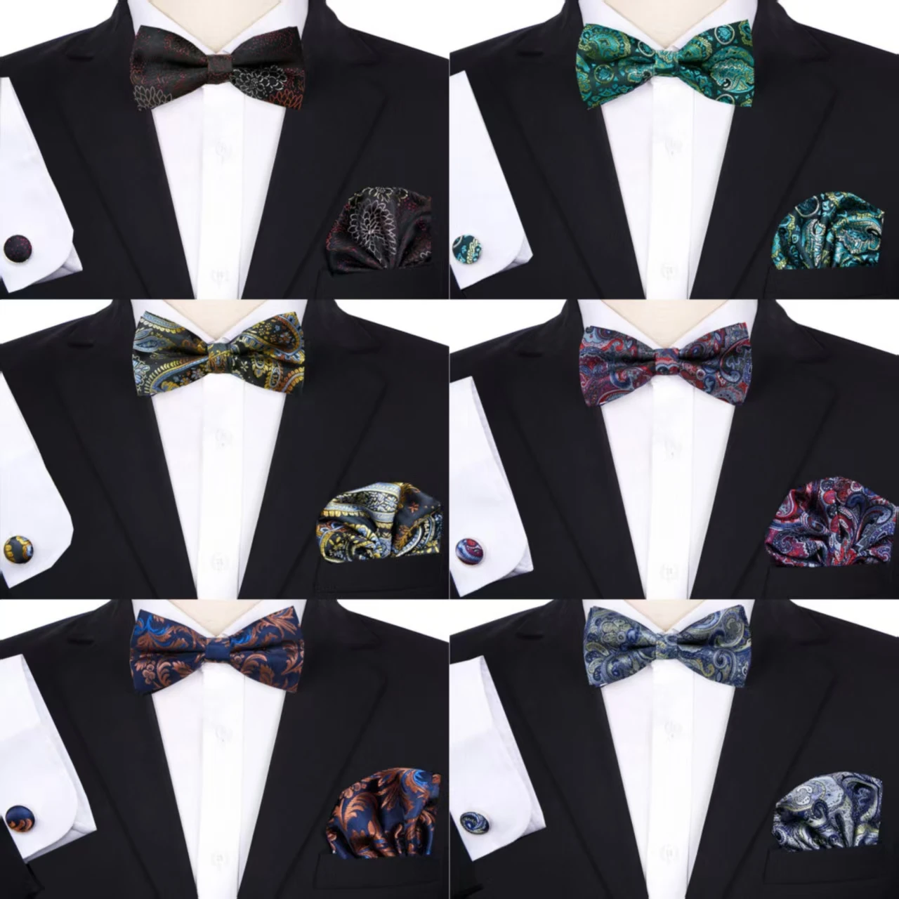 Classic Paisley men's pre tied tie tie, handkerchief and cufflinks set of 3 pieces, suitable for parties, dances, concerts, grad