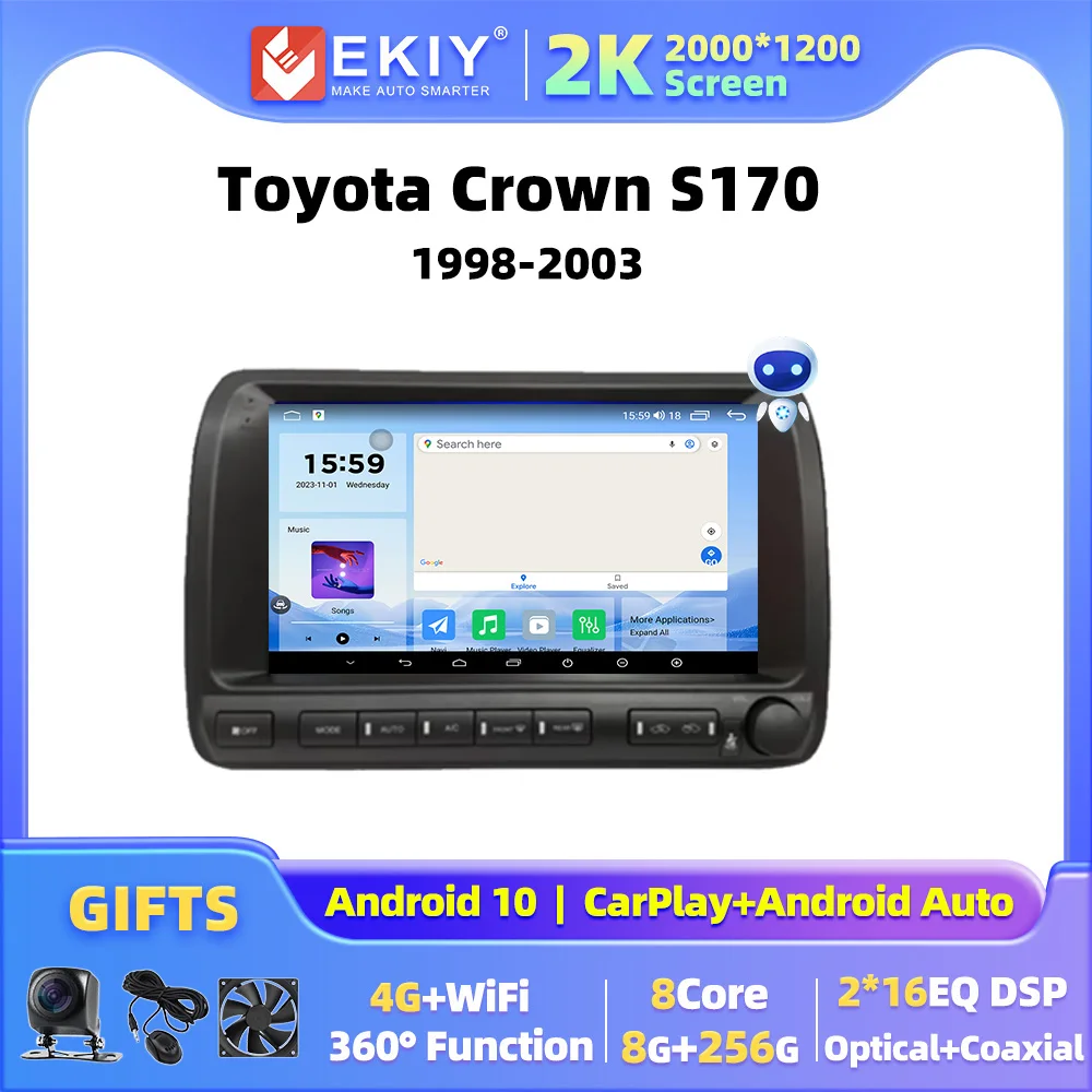 EKIY For Toyota Crown S170 1998-2003 Android 10 GPS Navigation 4G WIFI Carplay and Android Auto No DVD Player 2 Din Video DSP