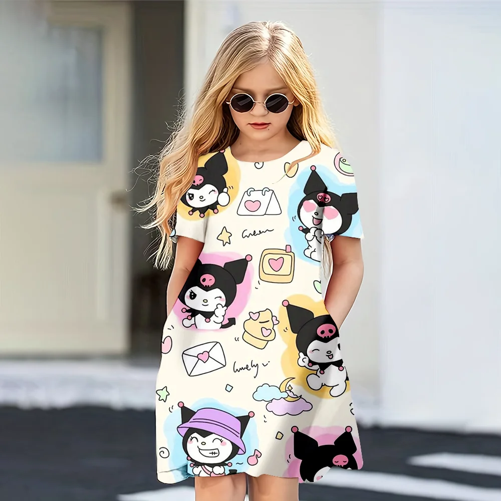 Mini nowy styl dziewczyny letnia sukienka moda kreskówka słodkie Kuromi & Hellokitty 3D nadrukowana sukienka z krótkim rękawem dla dziewczyny luźne