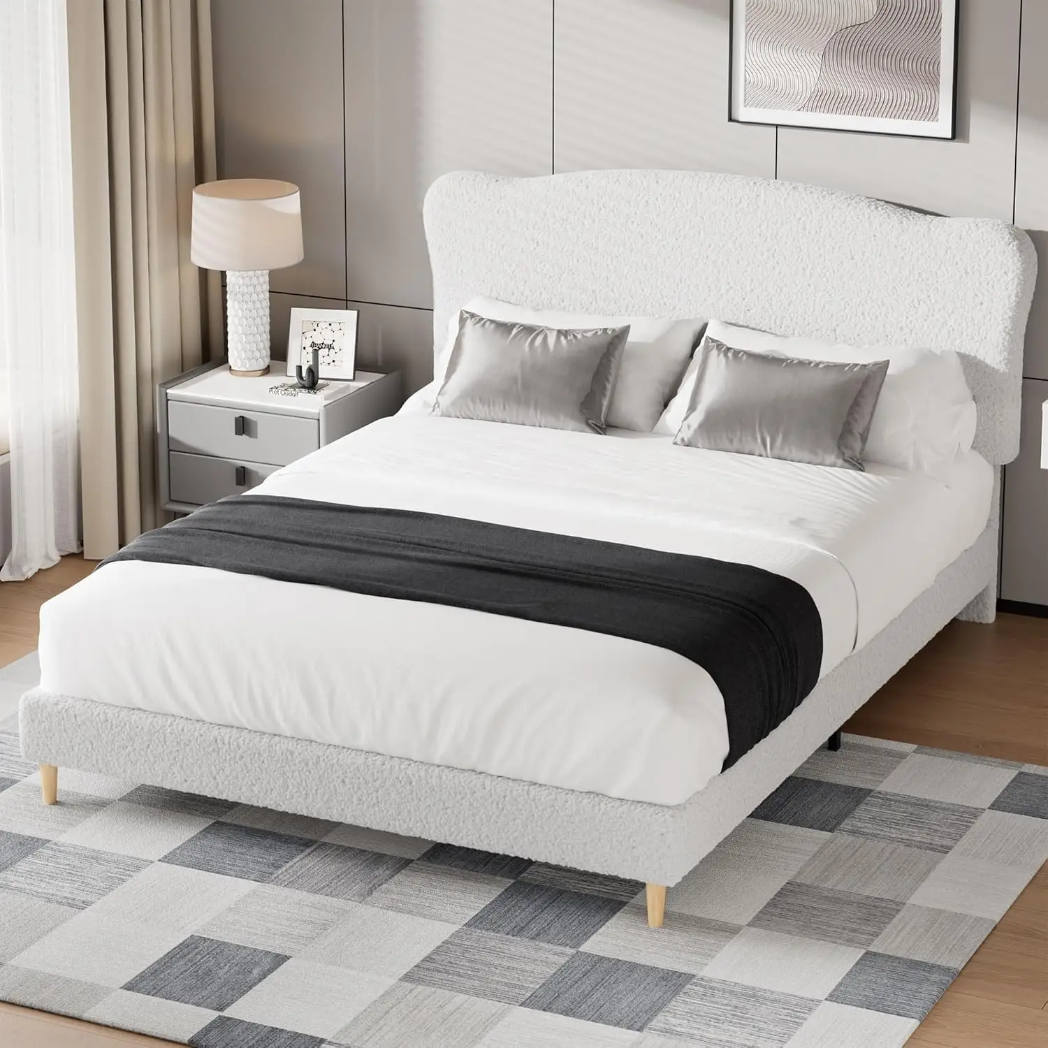 Teddy Boucle 4FT6 Double Bed Frame Ottoman Storage Bed With Gas Lift Ivory Upholstered Luxury Panel Headboard Bedroom Furniture