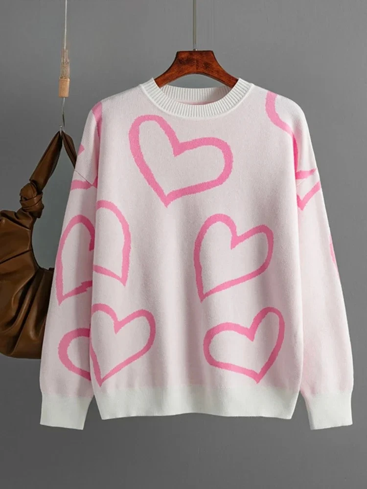 

Women's Cute Print Sweater Oversized Round Neck Knitted Pullover Soft Long Sleeve Top Loose Comfortable Winter Casual Jumper