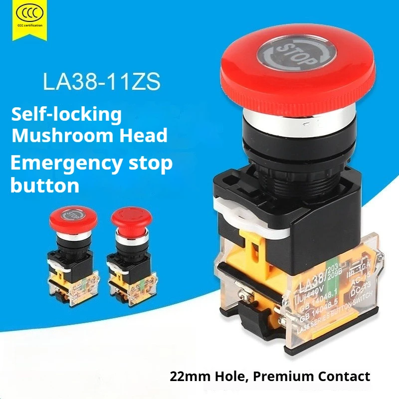 Mushroom head emergency stop  emergency stop button self-locking switch la38-11zs opening 22mm one open and one closed