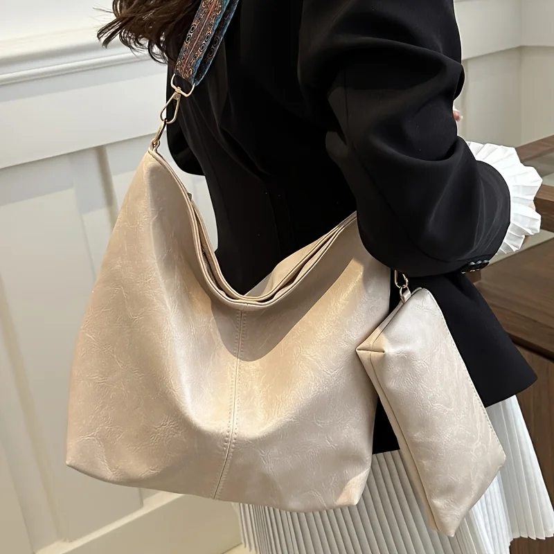 Conjunto de bolsa balde feminina retrô de material PU A09, alça de ombro larga ajustável, grande capacidade, conjunto combinando para atender diariamente