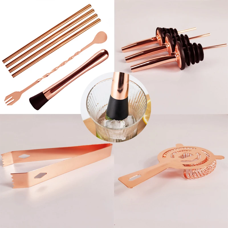 13 Piece Bartender Kit, Black/Rose Gold Cocktail Shaker Set Stainless Steel Bar Tools with Black Stand, 550ml, 800/600ml Shaker