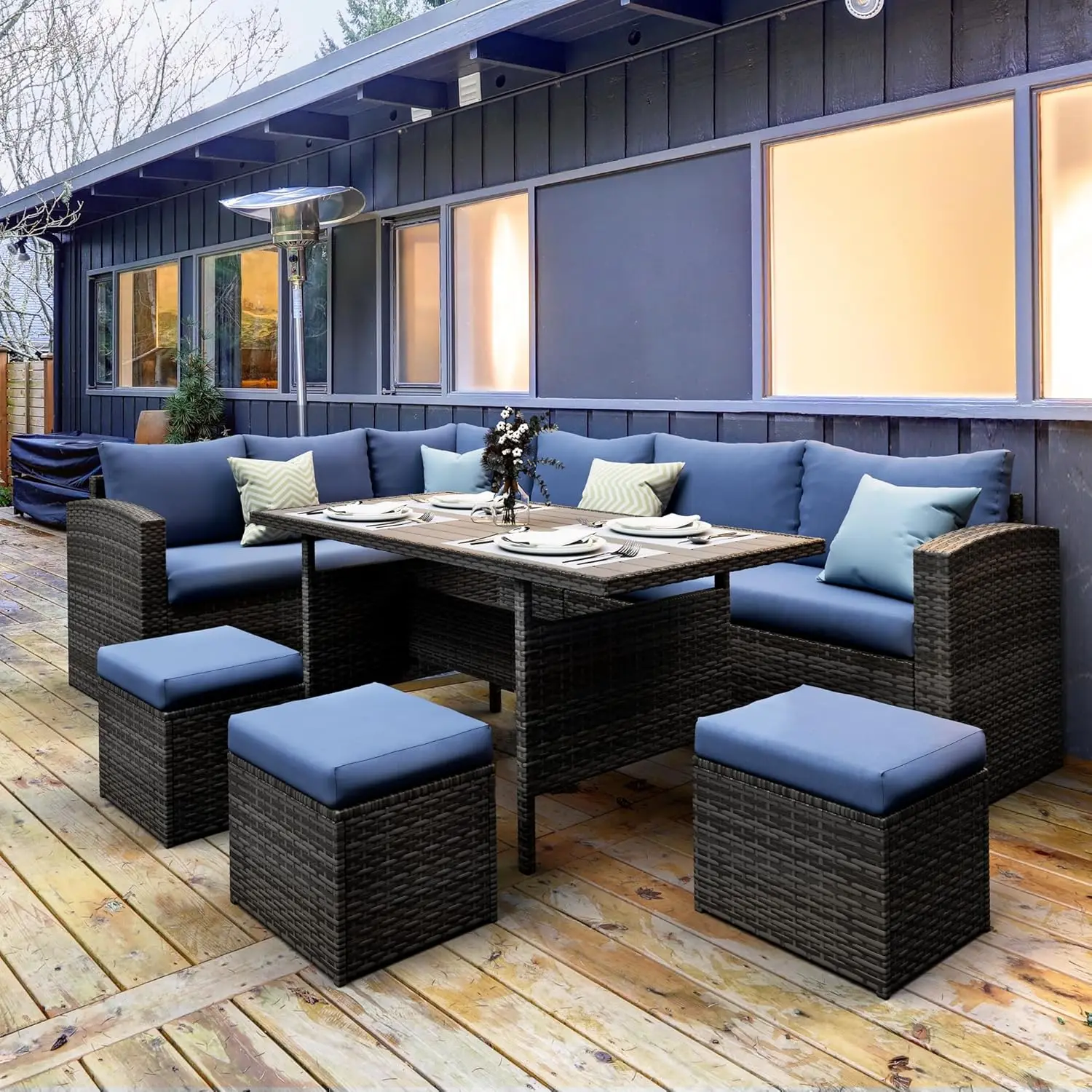 

7 Piece Outdoor Patio Furniture Set Outdoor Sectional Rattan Patio Conversation Sofa with All Weather Dining Table Chair Set