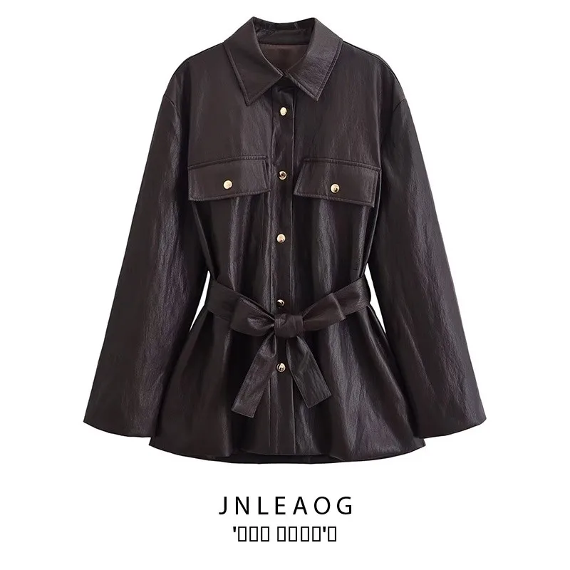 جايت جلدي طويل أنيق مع حزام خريفي جديد Sle ملابس نسائية ملابس خارجية متعددة الاستخدامات من ألياف البوليستر مشهد Busin