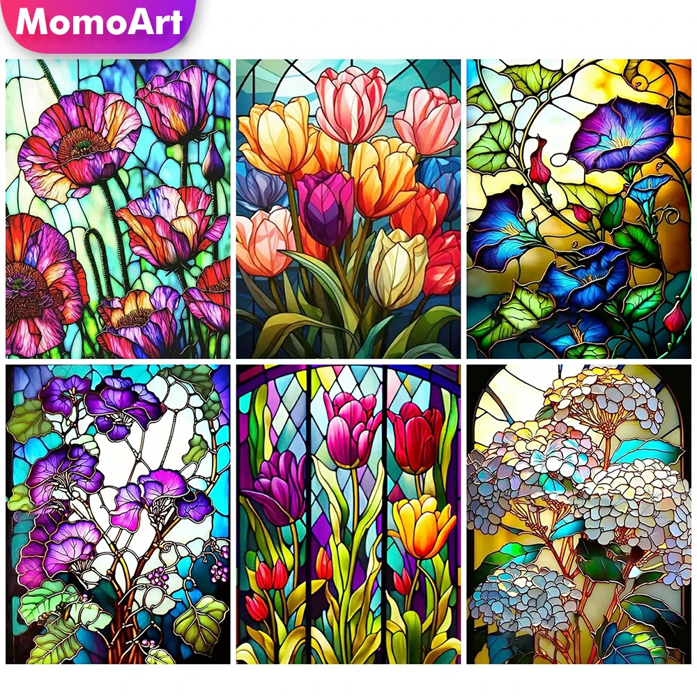 MomoArt Diamond Embroidery Tulip Flower Painting Colorful Petunia Cross Stitch Picture Rhinestones Mosaic Poppy Handicraft