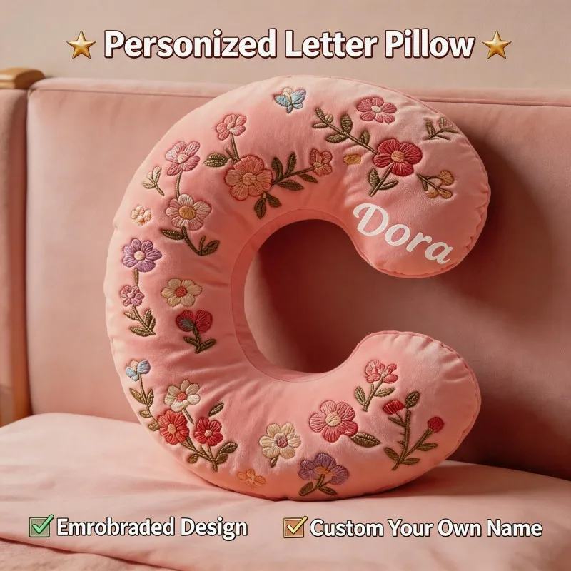 Custom Initial Letter C Shape Pillow Pink Floral Throw Cushion with Name Text Unique Gift Her Birthday Valentine Housewarming