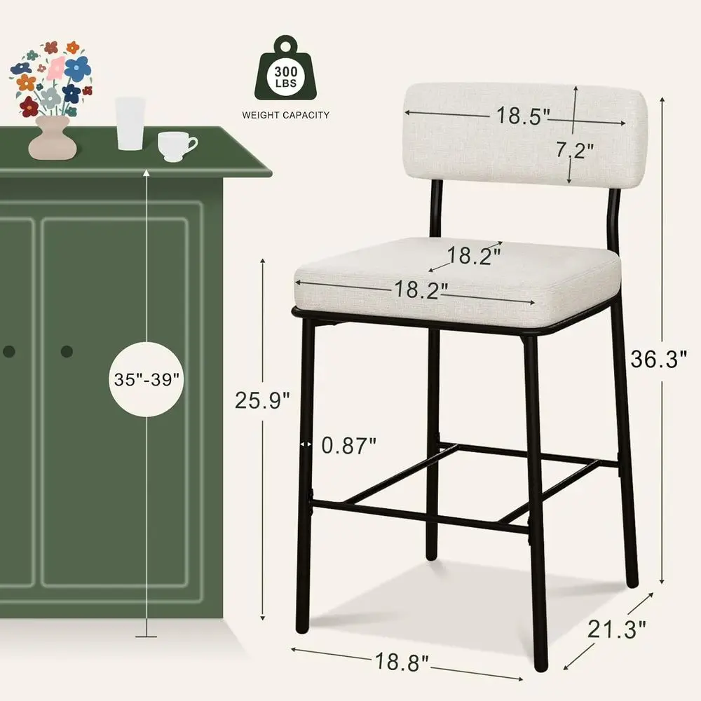 Juego de 4 taburetes de bar tapizados con altura de mostrador, tela beige, sillas de metal para isla de cocina o comedor del siglo moderno