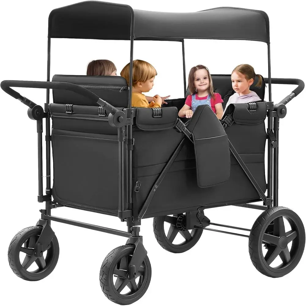 

4-Seat Stroller Wagon with High Seats, 5-Point Harnesses, Adjustable Double Push Bar for Kids, Ideal for Gardening and Camping (