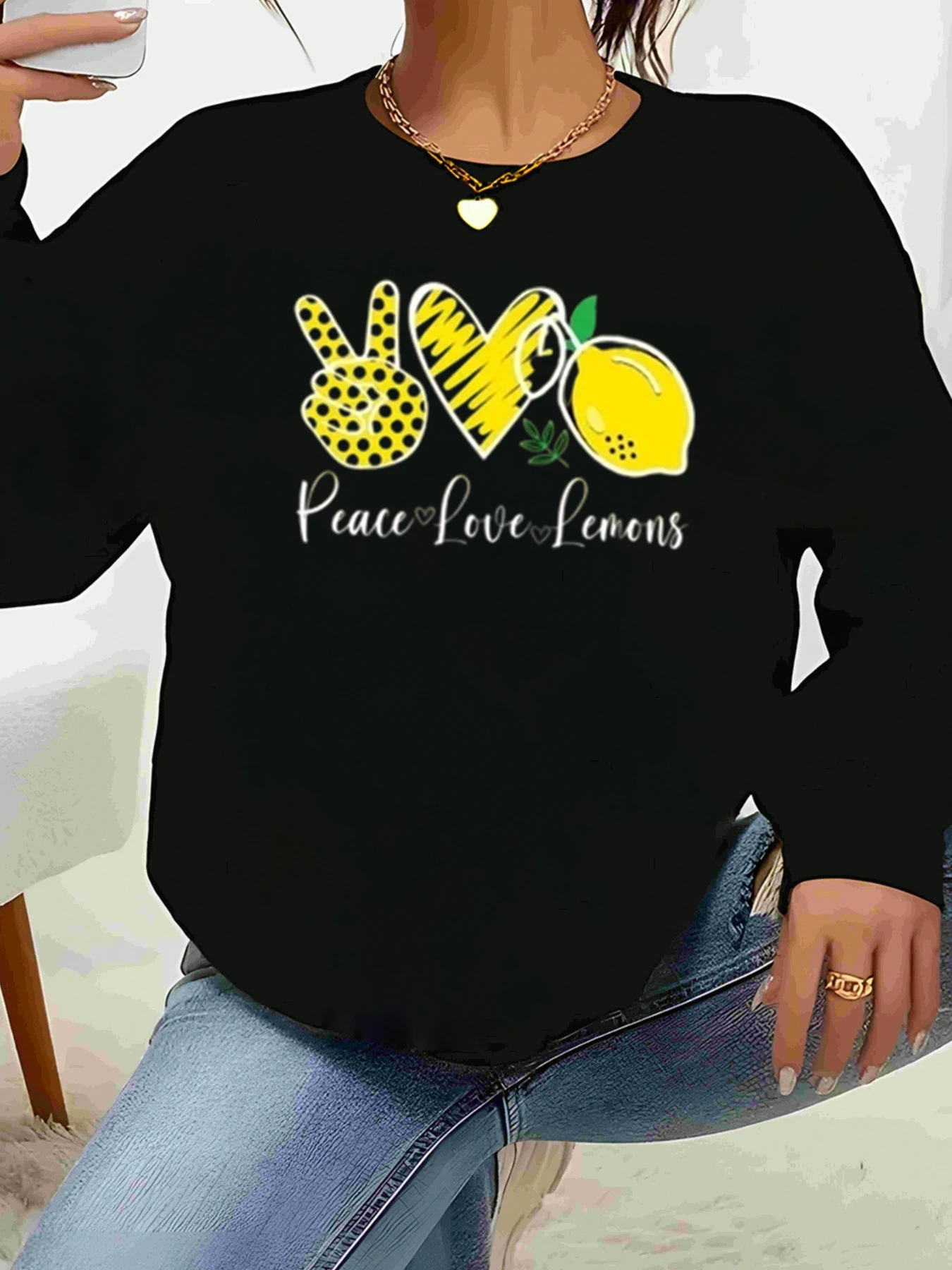 Camiseta de manga larga con estampado de limones de Peace Love, ropa informal diaria, moda para mujer